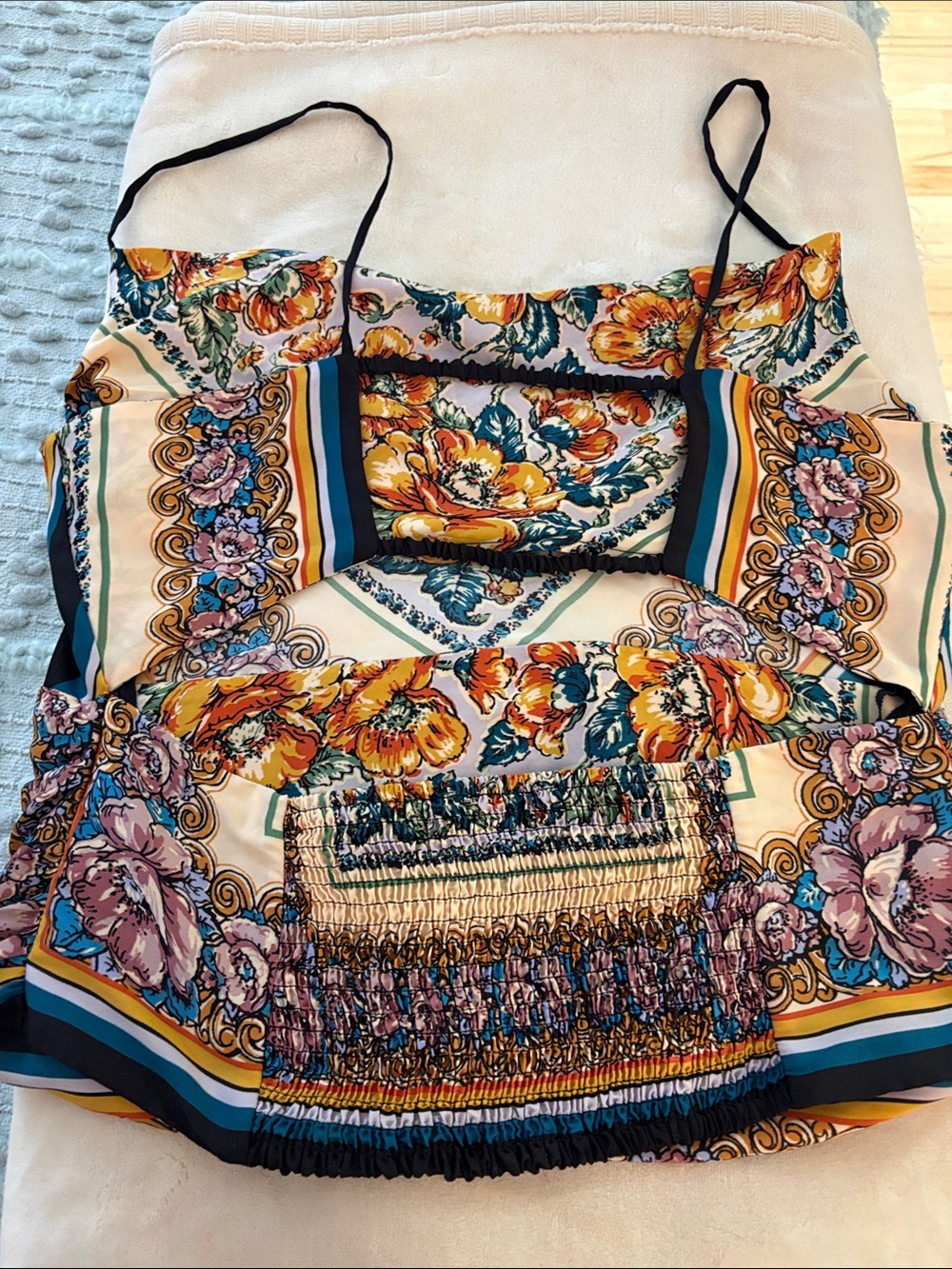 Anthropologie Floral Satin Cami in Cream, Yellow, Teal and Black Size L. NWOT - Picture 3 of 8